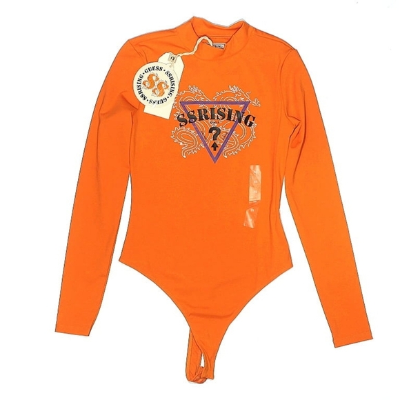 Guess® Rising Orange Keyhole Long Sleeve Bodysuit | Size XS | NWT - Picture 2 of 5